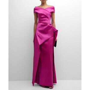 Rickie Freeman for Teri Jon Pleated Off-Shoulder Peplum Gown